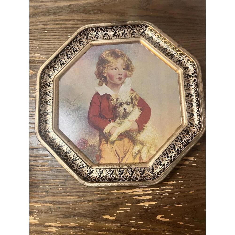 Antique Vintage Biscuit Tin Lid Wall Hanging C. Bremont Boy with Dog